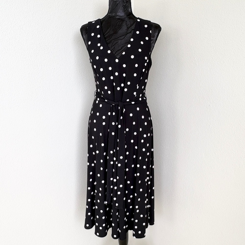 Tommy Hilfiger Midi Dress Polka Dot V-Neck Belted, Womens 10 Black White